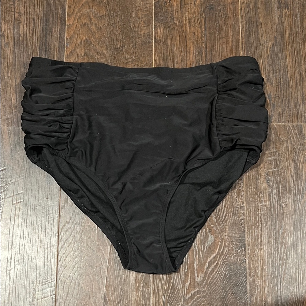 Kona Sol Black Ruched High-Waisted Bikini Bottoms